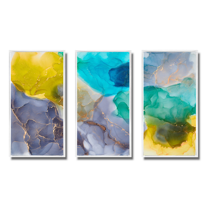Turquoise et jaune, art abstrait fluide de luxe - 3 pièces, cadre flottant, impression sur toile, H 28 po x l 36 po, Blanc