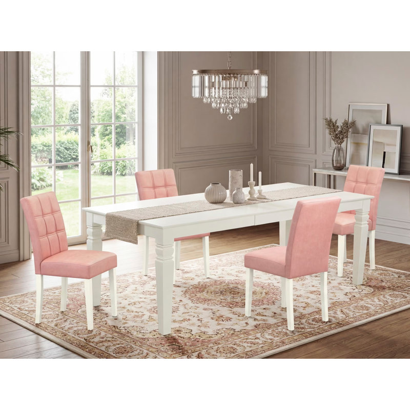 L'ensemble de table de salle à manger 7 pièces se compose d'une table en bois et de 6 chaises de salle à manger Parson en tissu de polyester beige rouge avec dossier élégant - finition lin blanc