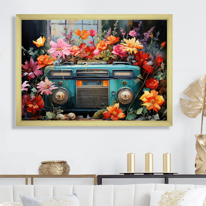«Retro Radios Popart Melody - Abstract Wall Decor_105843», Encadrement doré, H 30 po x l 40 po x P 1,5 po