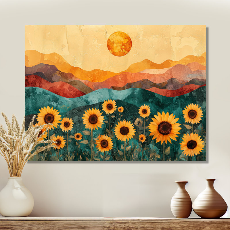Champ de tournesols au lever du soleil, rivière Desert II - décoration murale en métal Sunflowers, H 24 po x l 32 po