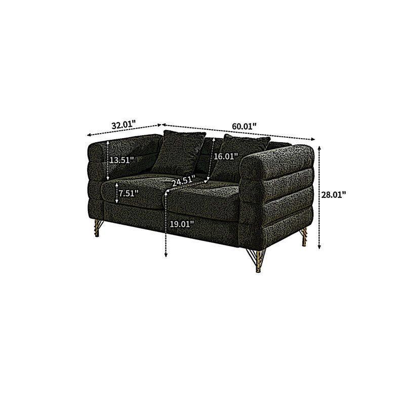 Ornie Luxurious and comfortable upholstered sofa with metal legs and pillows for reception area and living room, Green Fabric