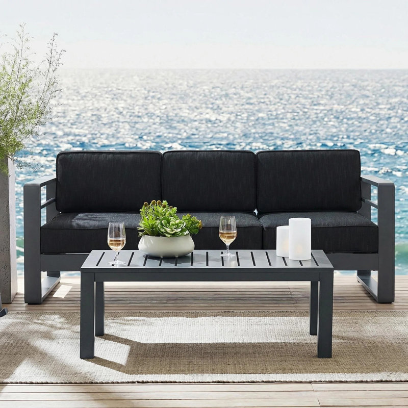 Caggiano 76.25'' Wide Straight Aluminum Patio Sofa with Cushions, Dark Gray/Gray