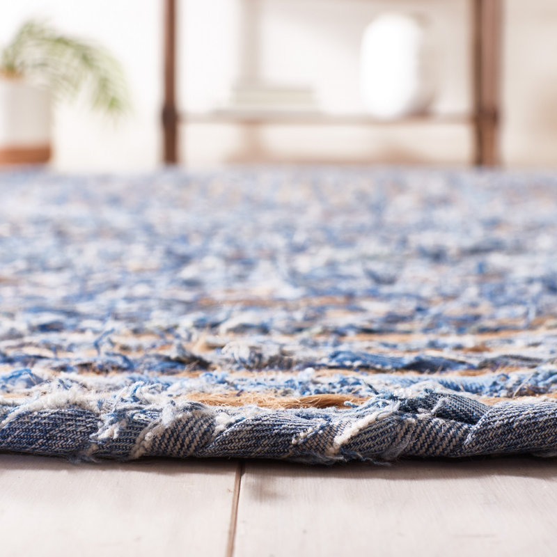 Tapis bleu / naturel tissé à plat à la main Demar, Oval 8 pi x 10 pi