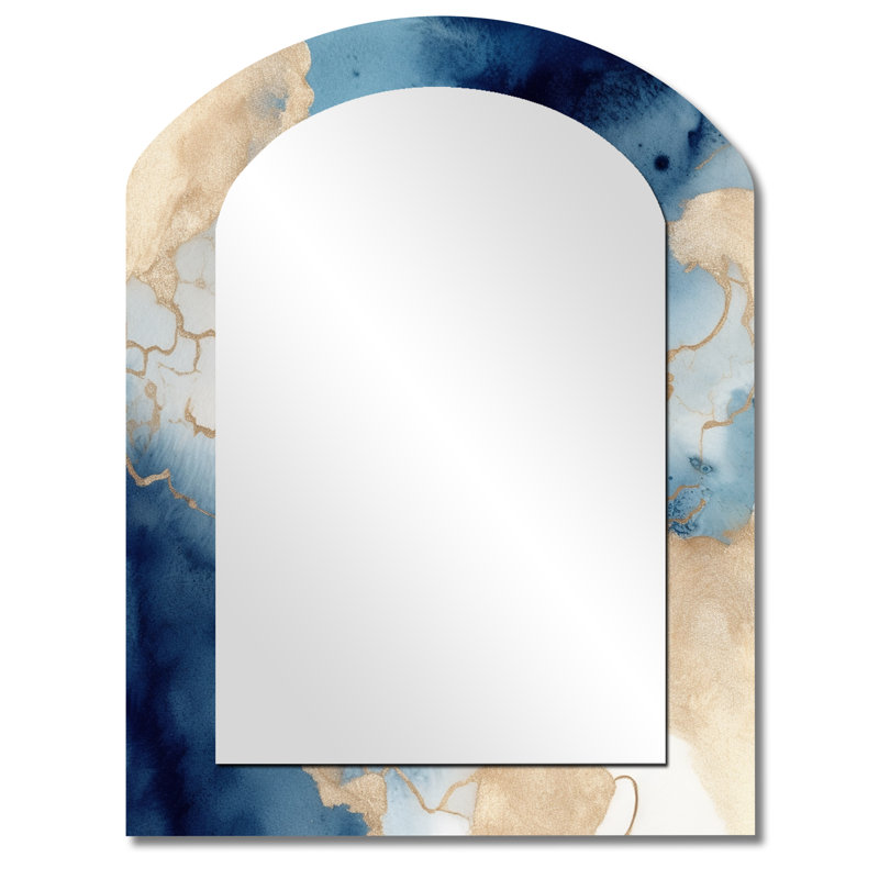 «Blue and Gold Marble Clouds VIII - Fractals Arch Mirror», miroir mural asymétrique moderne, impression sur métal