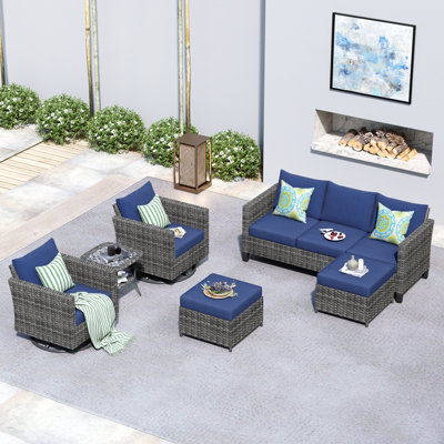 Ensemble de patio complet en rotin pour 5 personnes avec foyer Ben