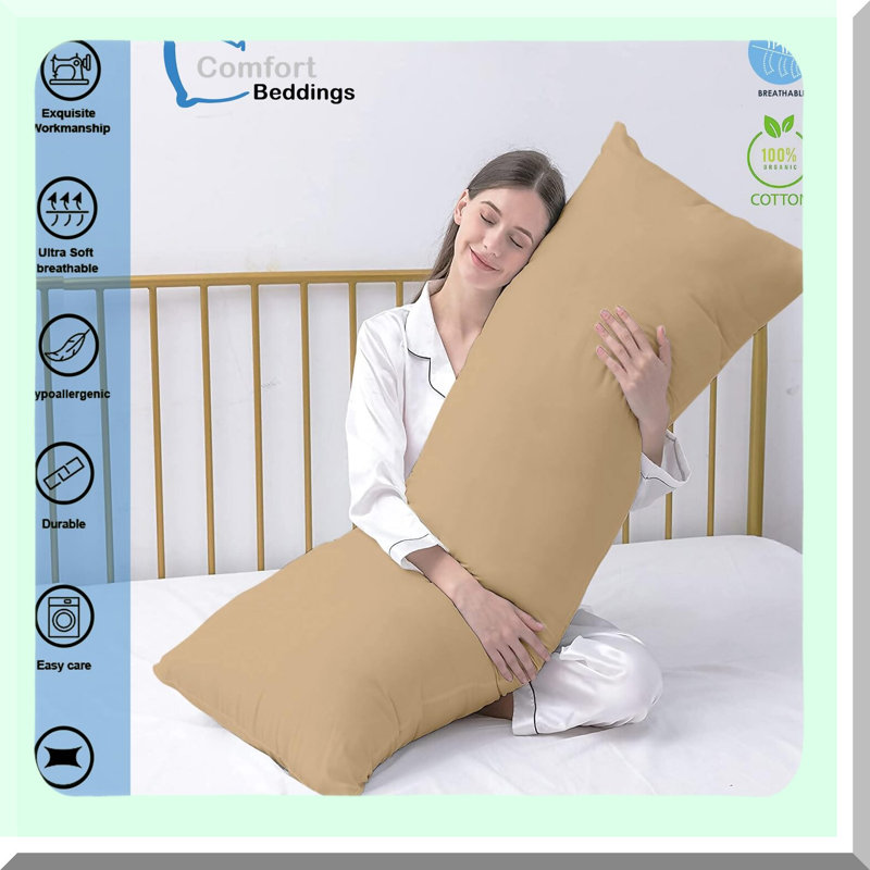 Premium Cotton Zippered Body Pillowcase - 800 Thread Count Taupe Cover for 20 x 72 Inch Body Pillow - Soft and Durable Pillow Protector