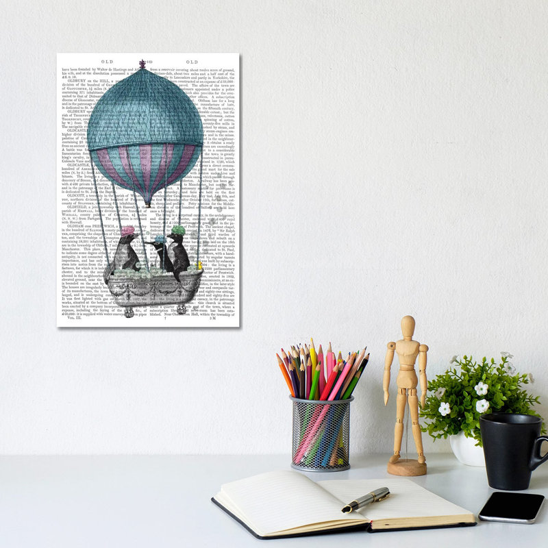 Penguins in Balloon Bath Book Print 1 Piece Wrapped Canvas Wall Art, 20.32 cm H x 30.48 cm W