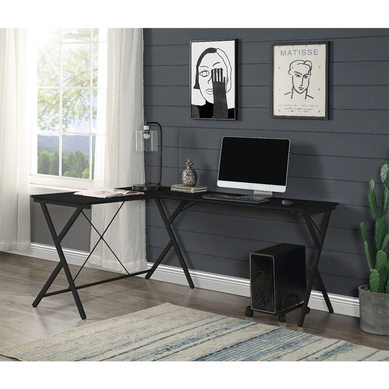 Bureau d'ordinateur en L avec support pour écran réglable, surface de travail spacieuse et fabrication durable pour le bureau à domicile.