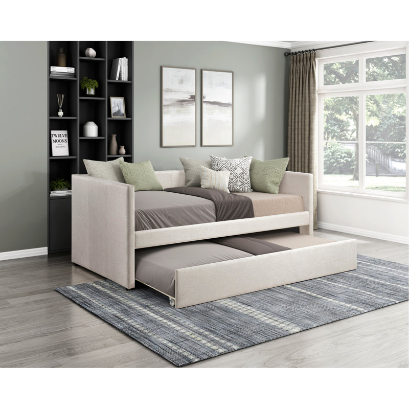 1Pc Daybed With Trundle Beige Fabric Upholstery Wooden Frame Modern Home Furniture, Beige