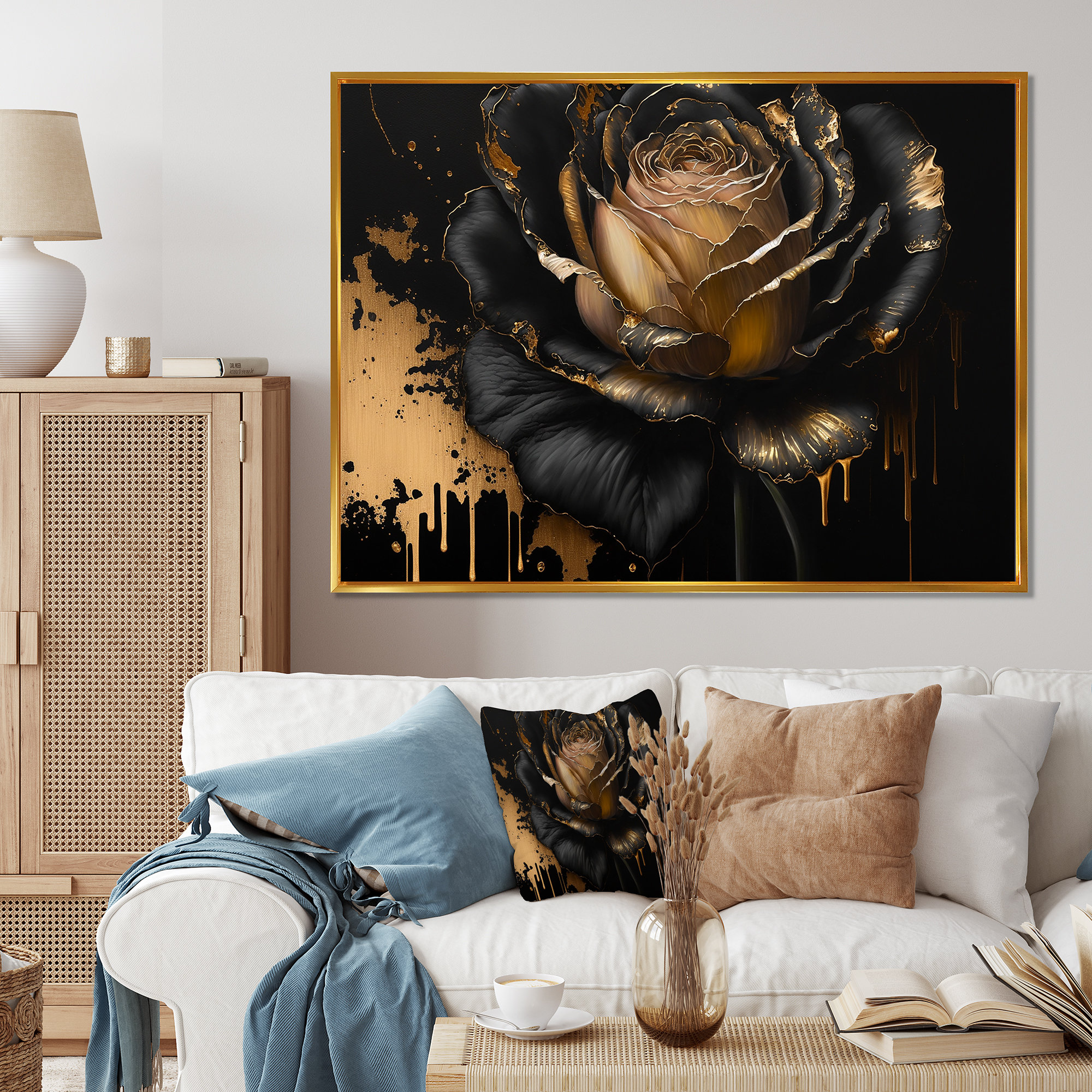 Black Golden Flower Abstract Wall Art Canvas Print, Black Golden