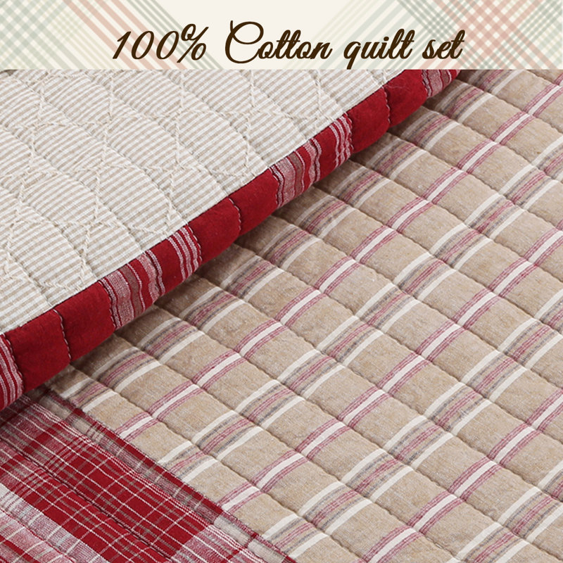 King Red and Beige Cotton Reversible Patchwork Quilt Set