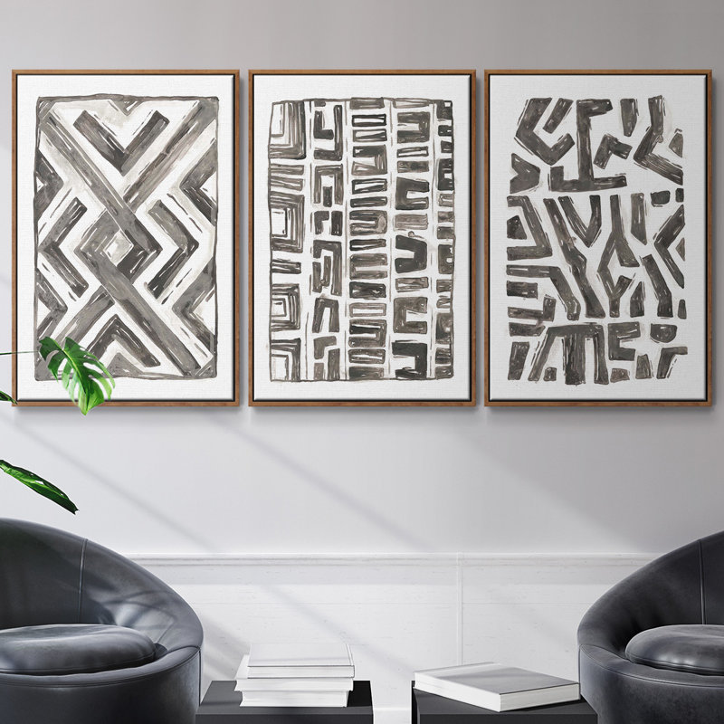 Tribal Geometric I - Ensemble de 3 reproductions encadrées sur toile, Noyer, H 40 po x l 78 po