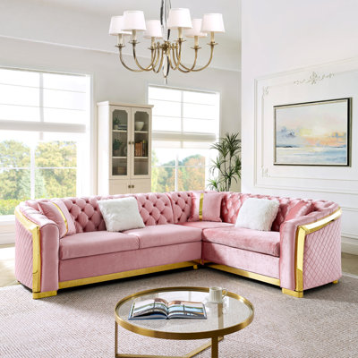 106 Inches L-Shaped Chesterfield Sectional Sofa Set with Gold Stainless Steel Accents, Velvet Button Tufted Sofa with 5 Pillows Luxury Couch for Living Room, Pink
