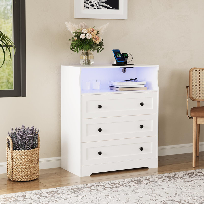 Modern 3 Drawer Small Wood Dresser, Charging Station LED Lights, Bedroom Closet Living Room Hallway, Bedside Organizer, White