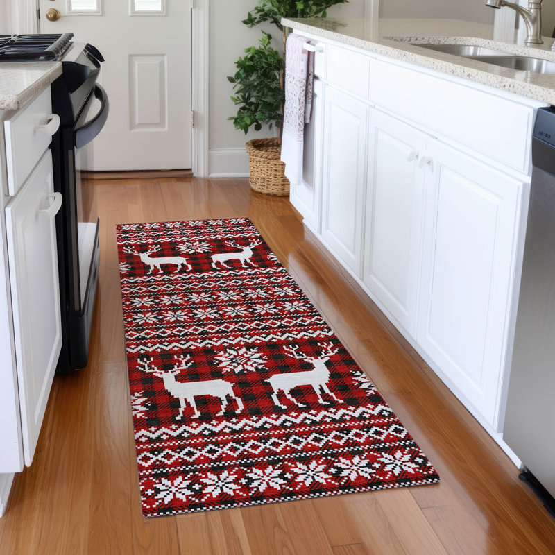Machine Washable Indoor/Outdoor Christmas Reindeers Xhevrie Red Rug, Runner 2'3" x 7'6"