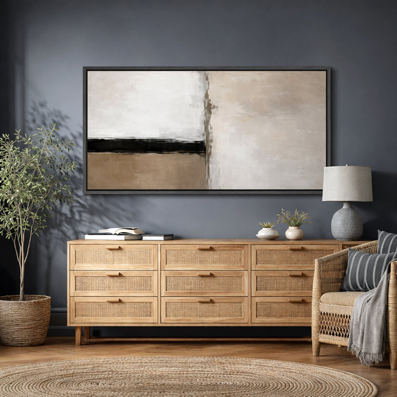 Composition de bloc neutre minimaliste, accent horizontal noir avec équilibre géométrique beige et blanc, conception abstraite contemporaine, impression sur toile encadrée, impression numérique