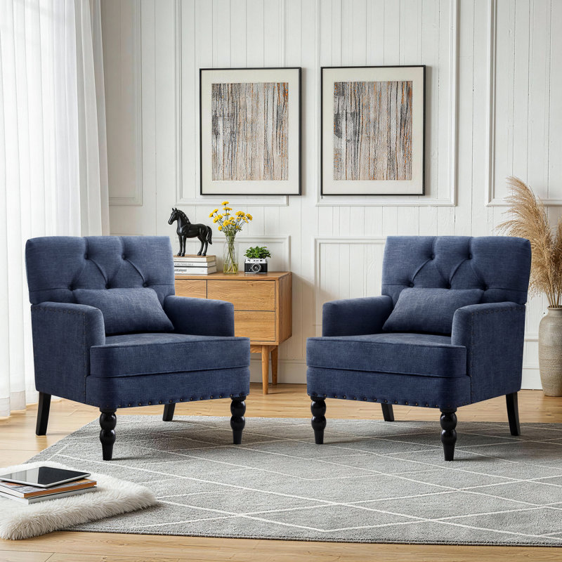 Fauteuil capitonné en polyester H 29 po avec garniture cloutée et coussin HIMO, Mélange de polyester bleu