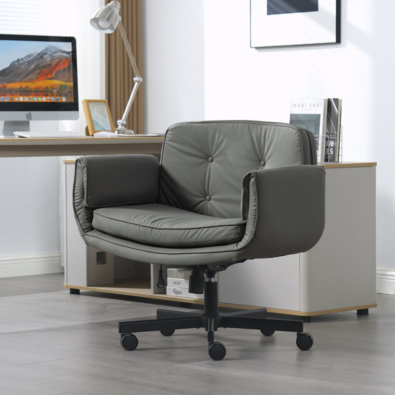 Criss Cross Chair with Adjustable Armrests & Wheels & Headrest, PU Lounge Vanity Desk Chair with Wide Seat for Cross-Legged Sitting, Swivel Task Office Chairs for Home, Makeup, Gaming, Office, Gray