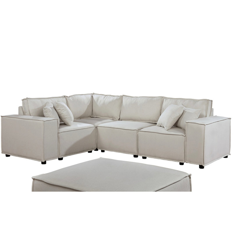 Beige Linen 99" Sectional With - Flexible Seating Options, Welt Trim, Foam Filled Seats Pocket Coil Springs, 5 Cushions Modular Reconfigurable Arrangements, Trim Design, Coils, Pillows