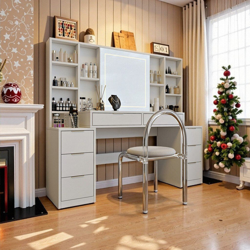 Bureau de coiffeuse 59 "avec miroir à lumières DEL réglables, 8 tiroirs et tablettes