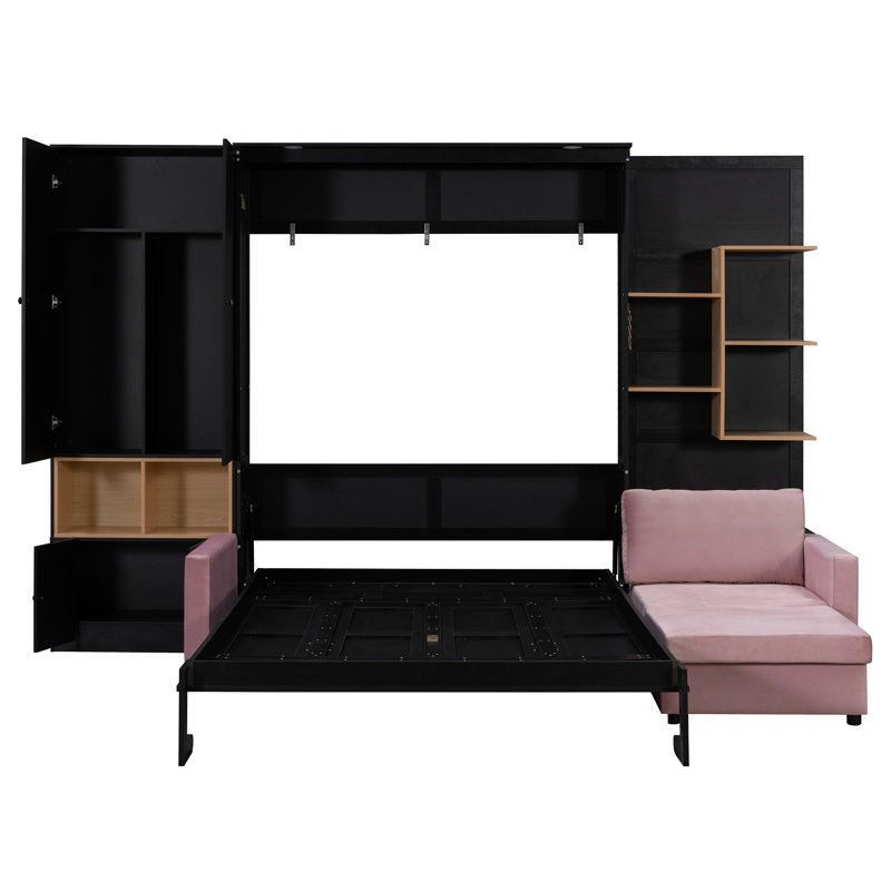 Grand lit escamotable avec grand canapé, tablettes et armoires de rangement, lit escamotable mural moderne à deux lumières - noir et rose