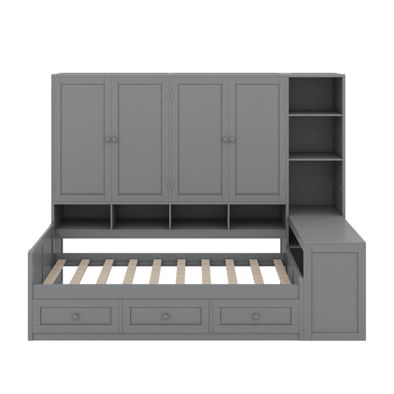 Twin Size Wooden Daybed With Three Drawers, All-In-One Cabinet, Desk And Shelves, Gray, Twin