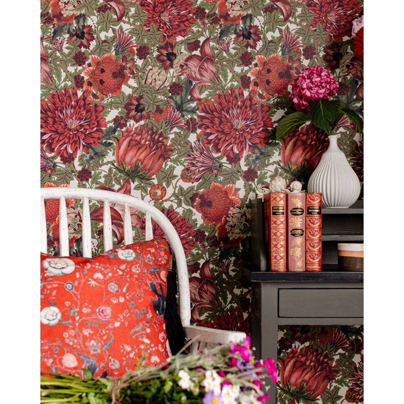 Transylvanian Roots Floral Wallpaper Roll, Red/Green/White