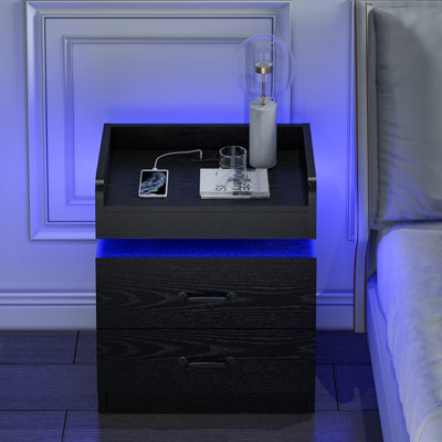 Table de chevet 2 tiroirs avec station de charge et lumière DEL, ports et prises USB
