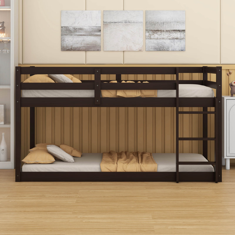 Twin Over Twin Solid Rubber Wood Floor Bunk Bed – Ladder & Strengthened Slat Bed Platform, Espresso