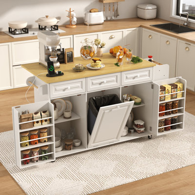 62.8" W Kitchen Island With Storage Cabinets And Drawers, Rolling Kitchen Island Cart With Hidden Trash Storage Cabinet, Shelves, Power Outlet, Drop Leaf