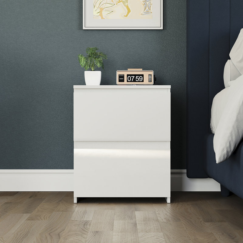Oslo 2 Drawer High Gloss Bedside Chest (FSC 100%) Bedroom Home Bedside Furniture, White