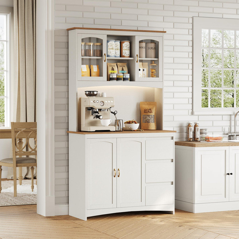 Grand garde-manger avec lumières DEL et station de charge, huche de rangement pour la salle à manger de cuisine, Natural