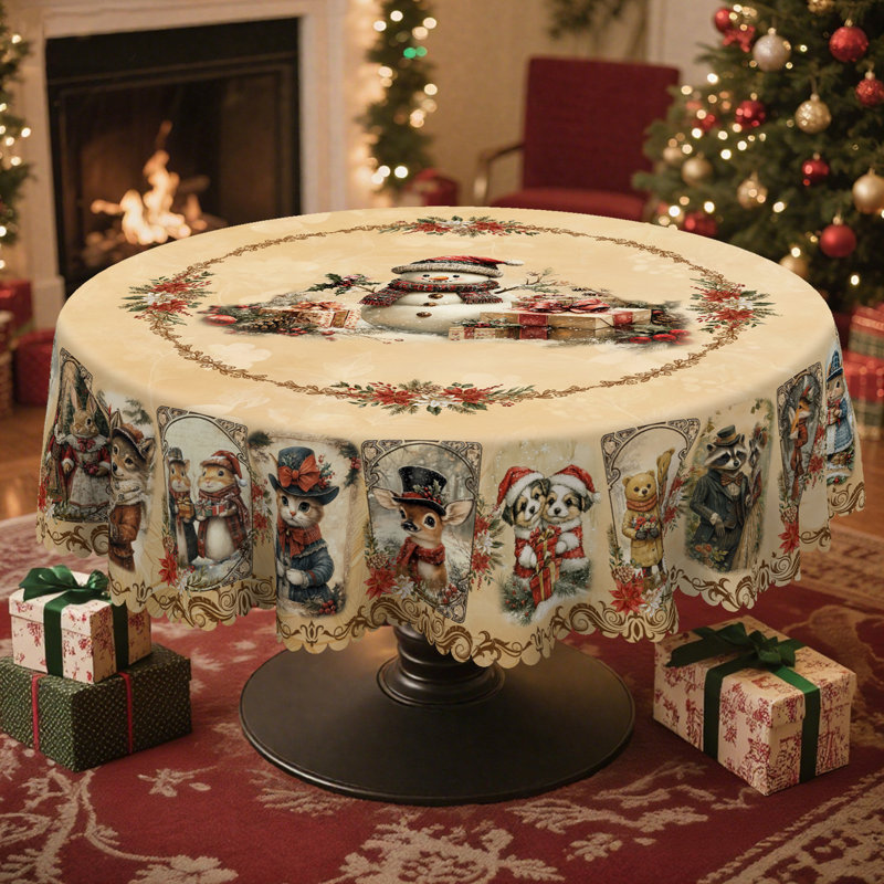 Multiple Christmas Snowman Pattern Designs Off-White Washable Polyester Tablecloth