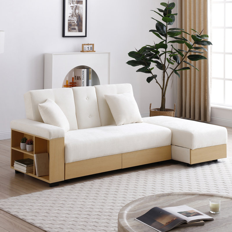 Canapé-lit convertible - Lit double pliant multifonctionnel avec rangement, accoudoir et tiroir, table rabattable 2 porte-gobelets pour salon, appartement, bureau, beige, tissu en lin de coton doux,