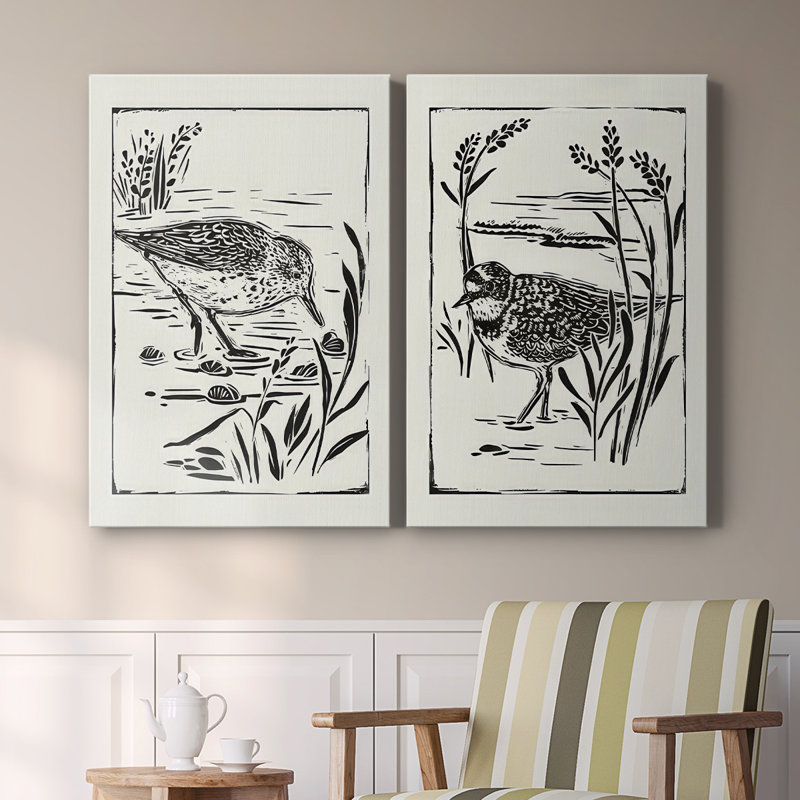 Linocut Style Seabird III - Toile tendue avec châssis de qualité supérieure - Prêt à être accroché, H 12 po x l 16 po