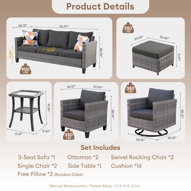 GRS Premium All-Weather Wicker 9 - Person Patio Conversation Set with Cushions, No, Black