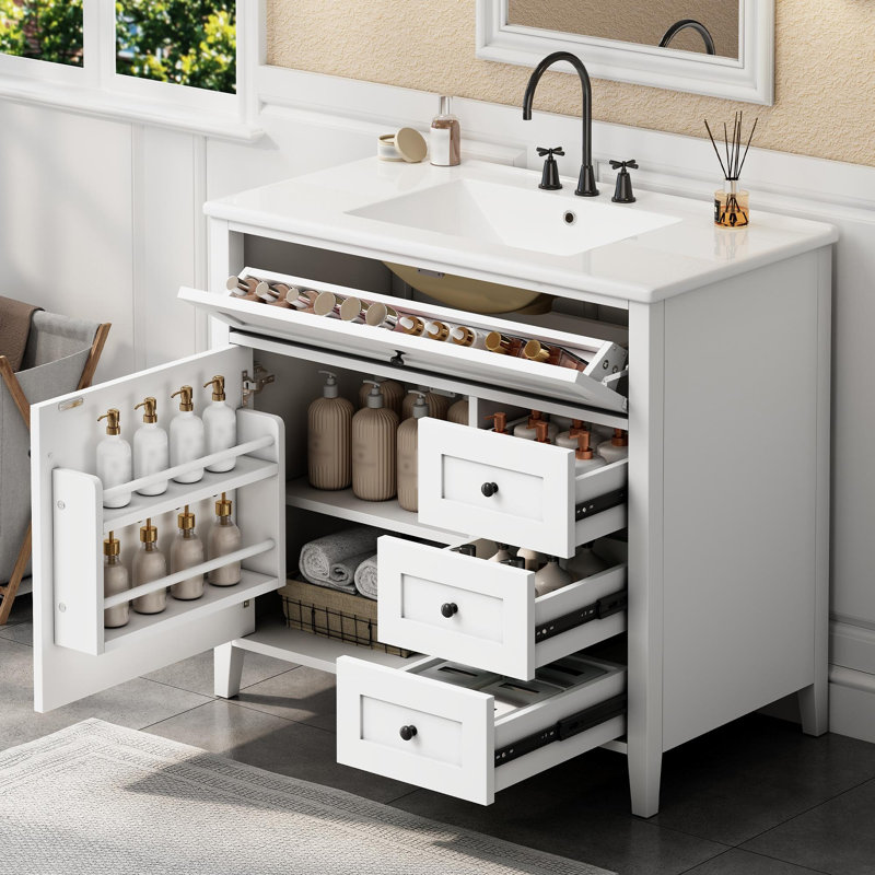 Meuble-lavabo autoportant 36 po avec lavabo 36 po, 4 tiroirs et portes à fermeture en douceur, Blanc, 36