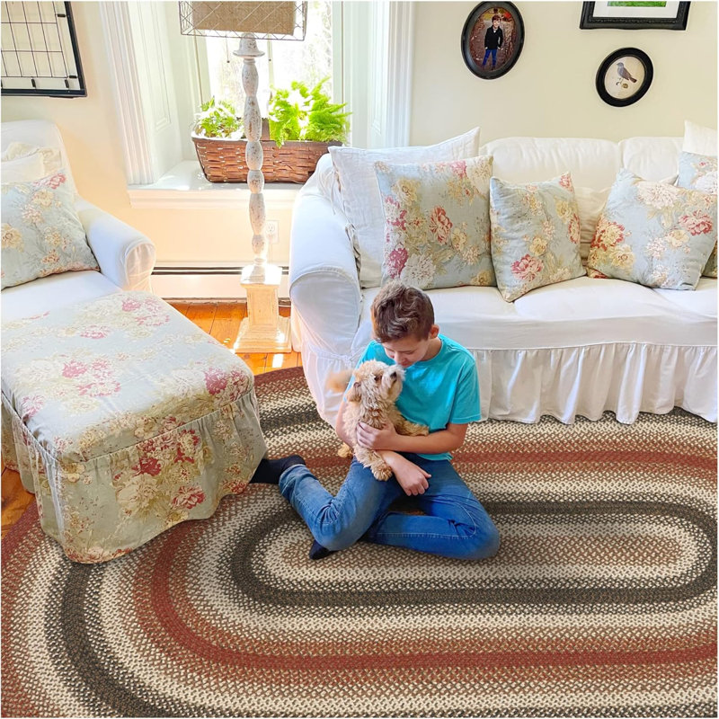 Tapis rouge / or / crème en jute tressé Cozell, Ovale 5 pi x 8 pi