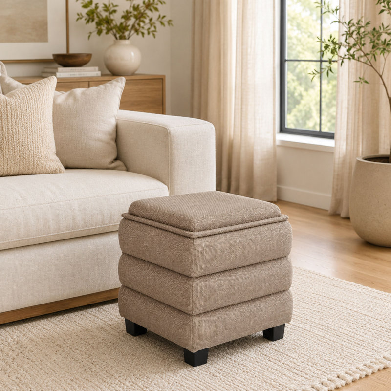 Repose-pieds carré avec rangement en lin et plateau en bois réversible, tabouret cube beige, Beige