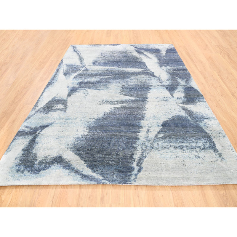 Tapis oriental noué à la main 7 pi 10 po x 10 pi noir avec un mélange de laine et de soie moderne bleu et gris D657CAEFA6A2440B96CAB03ABC1D7DE5