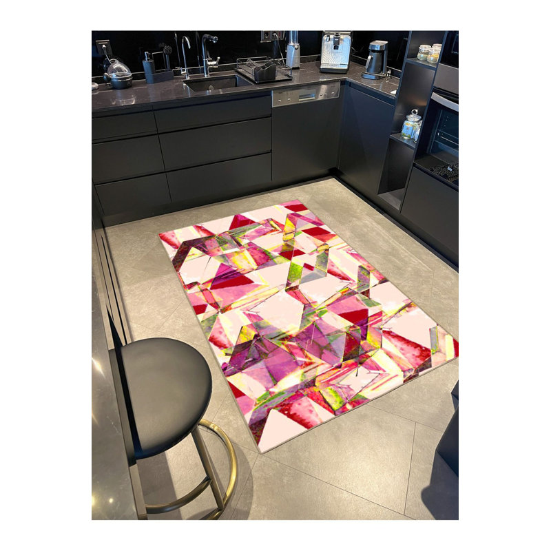 Tapis rose lavable à la machine à motif géométrique à motifs géométriques, Sous-tapis rectangulaire de 3 pi 3 po x 4 pi 11 po