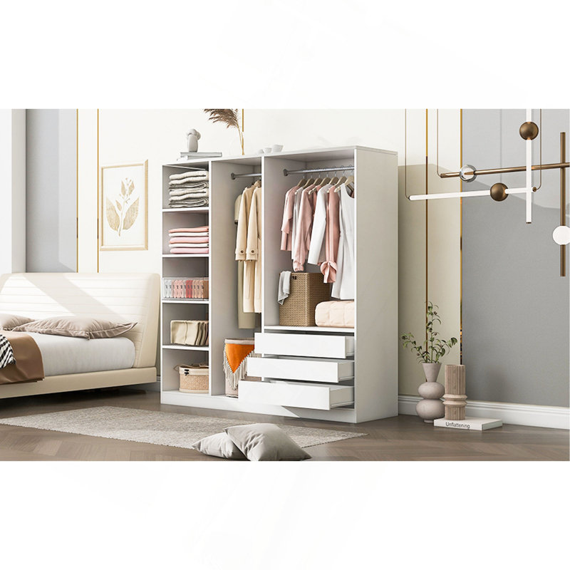Doorless Wooden Storage Wardrobe For Dedroom With Shelves And 3 Drawers, White