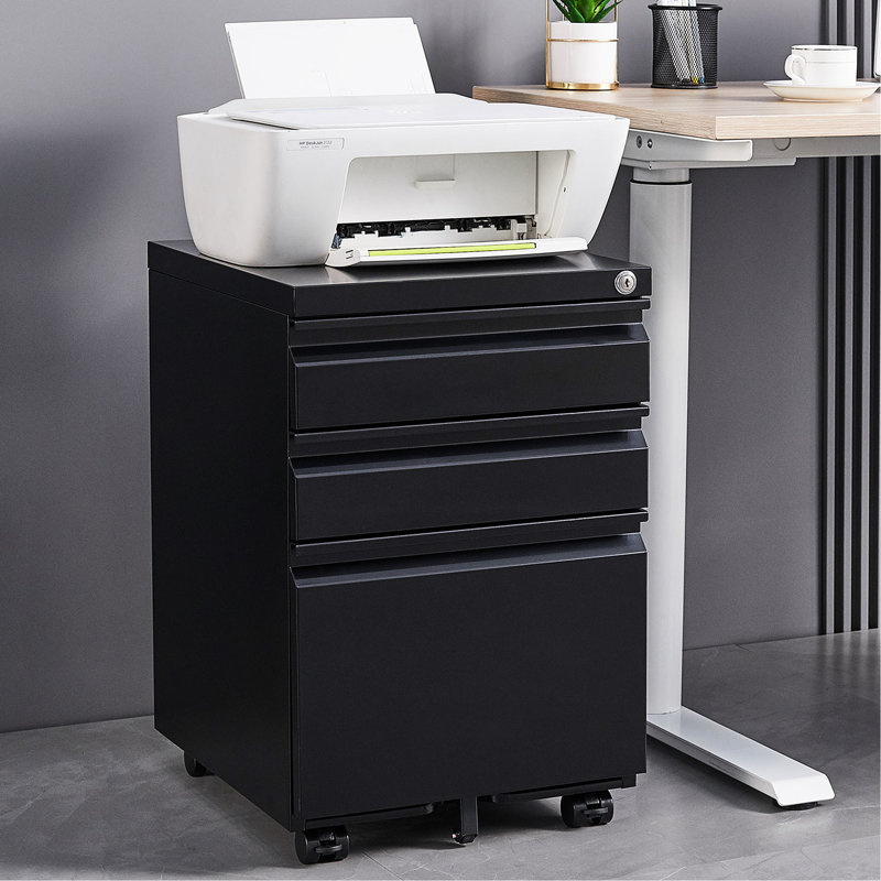Modern 3 - Drawer Filing Cabinet, Office Storage In Black Metal, 2 Keys For Lockable Drawers, 1 Pencil Tray, Third With Massive Big Items, Removable Hanging Rods, 5 Brakes, Easy To Up Metal Unit,
