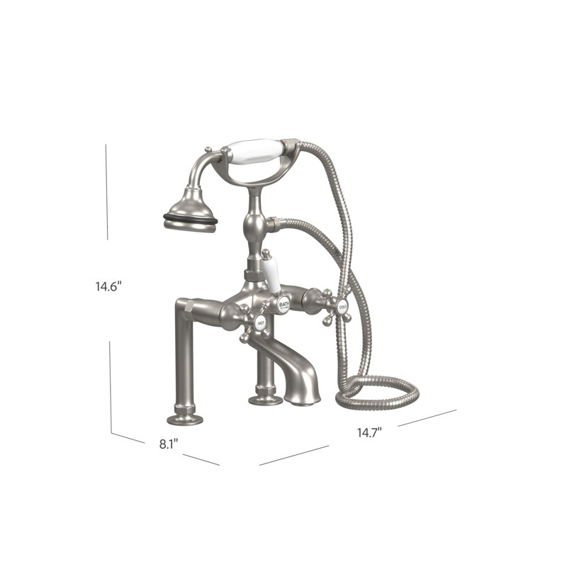 Garniture de robinet de baignoire sur pattes à deux poignées avec inverseur et douchette, Nickel brossé