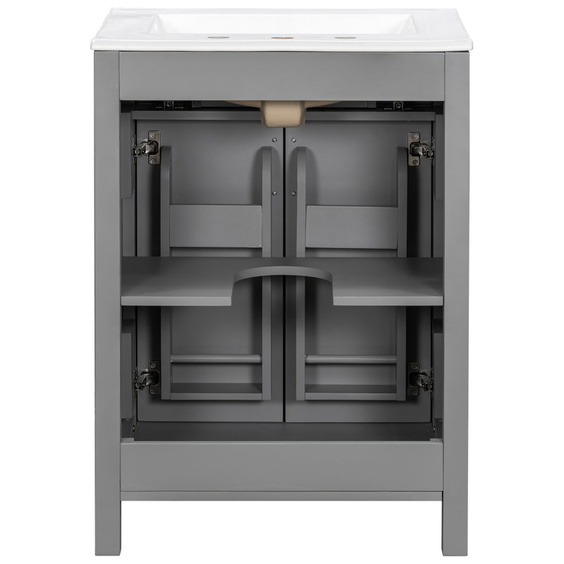 Meuble-lavabo de 24 pouces avec lavabo en céramique, conception luxueuse peu encombrante, portes à fermeture en douceur, tiroir rabattable, tablette ajustable en forme de U, porte à double couche, poignées en alliage d'aluminium noir, idéales pour
