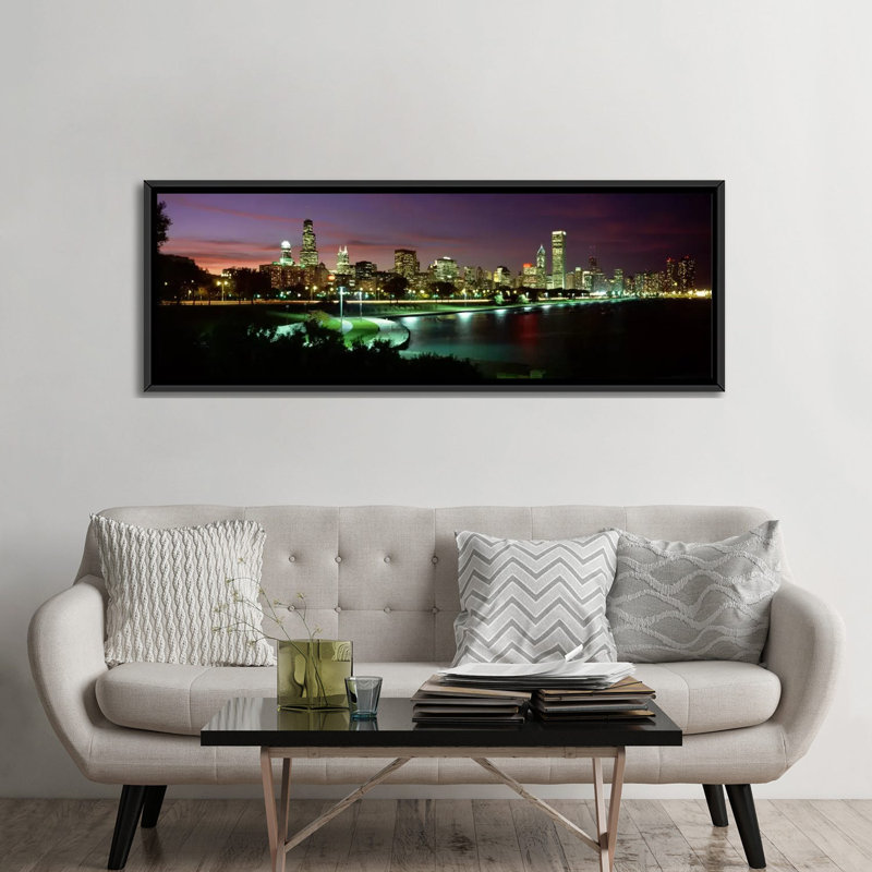 « night horizon chicago illinois », reproduction de photo sur toile, H 20 po x l 60 po x P 1,5 po, Toile avec cadre noir