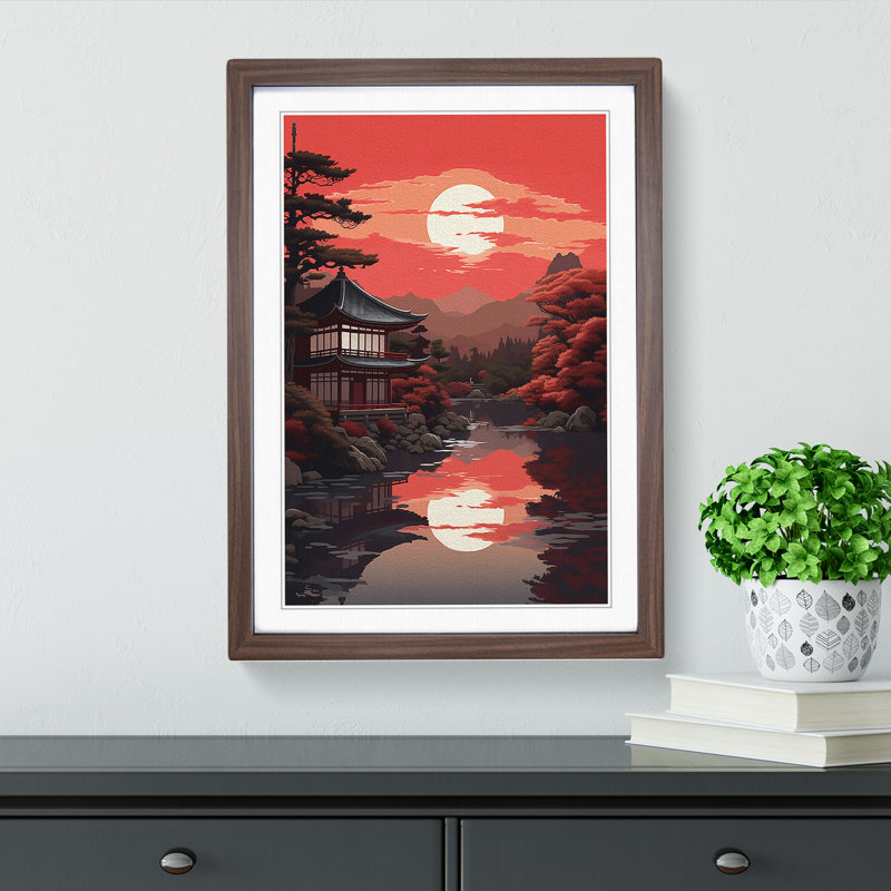 Japanese Sunset Classicism - Single Picture Frame Print on Wood, Walnut Framed, 46cm H x 34cm W x 2cm D