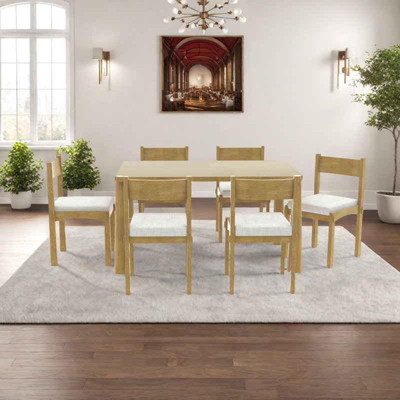 Ensemble de table à manger rétro 7 pièces pour 6 personnes, ensemble de table à manger en bois pour 6 personnes avec chaises rembourrées pour la cuisine et la salle à manger