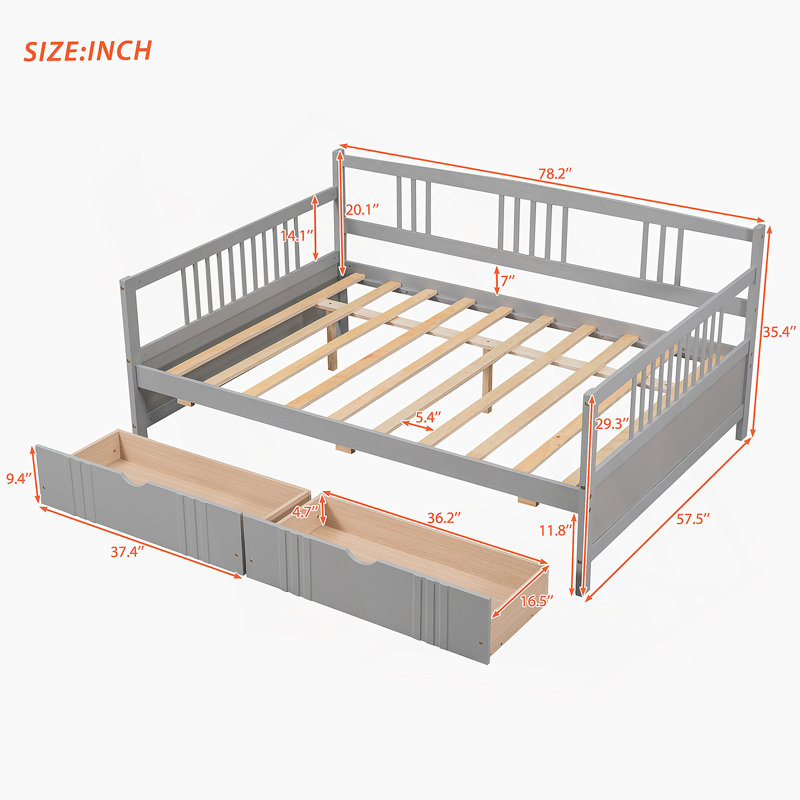 Daybed Wood Bed with Two Drawers, Gray, Full/Double