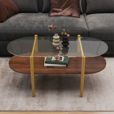Table basse ovale en verre au design moderne, longueur 41 x largeur 21 x hauteur 17 pouces, pour le salon, structure double couche avec fonction de rangement, verre transparent et panneau de fibres à densité moyenne brun